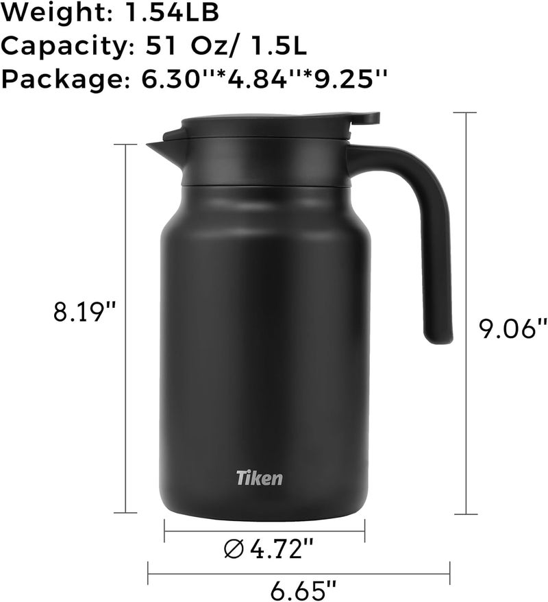 Tiken 51 Oz Thermal Coffee Carafes For Keeping Hot, Double Wall Stainless Steel Insulated Coffee Carafe, 1.5 Liter Beverage Pitcher (Matte Black) - Image 2